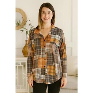 Blumin Women's Orange Gray White Plaid Patchwork Flannel Button Up Shirt , 1XL